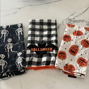 Three Halloween hand towels skeletons bats pumpkins 100% cotton